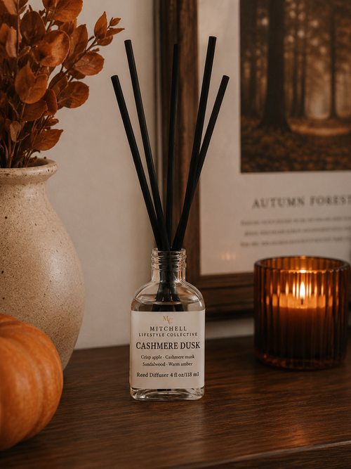 Cashmere Dusk reed diffuser on a table