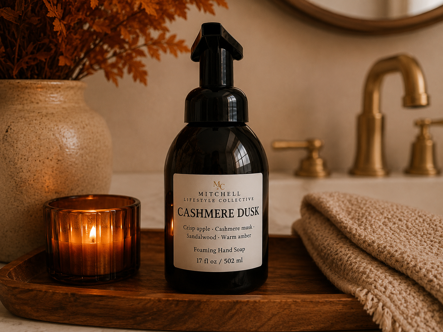 Cashmere Dusk foaming hand soap pump bottle at a sink