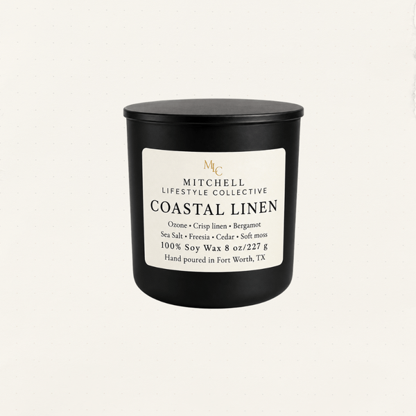 Coastal Linen soy candle - sea salt and fresh linen in a black jar