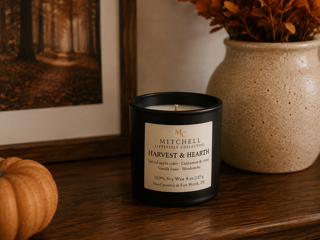 Harvest and Hearth soy candle in a matte vessel, on a styled tabletop