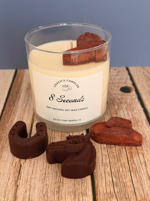 Leather soy candle by Coach’s Candles in a rustic or modern cozy interior