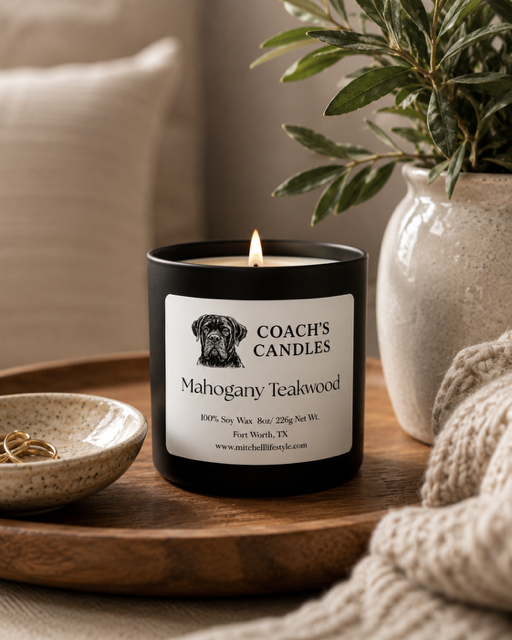 Mahogany Teakwood Soy Candle | 8.5 oz | Coach's Candles