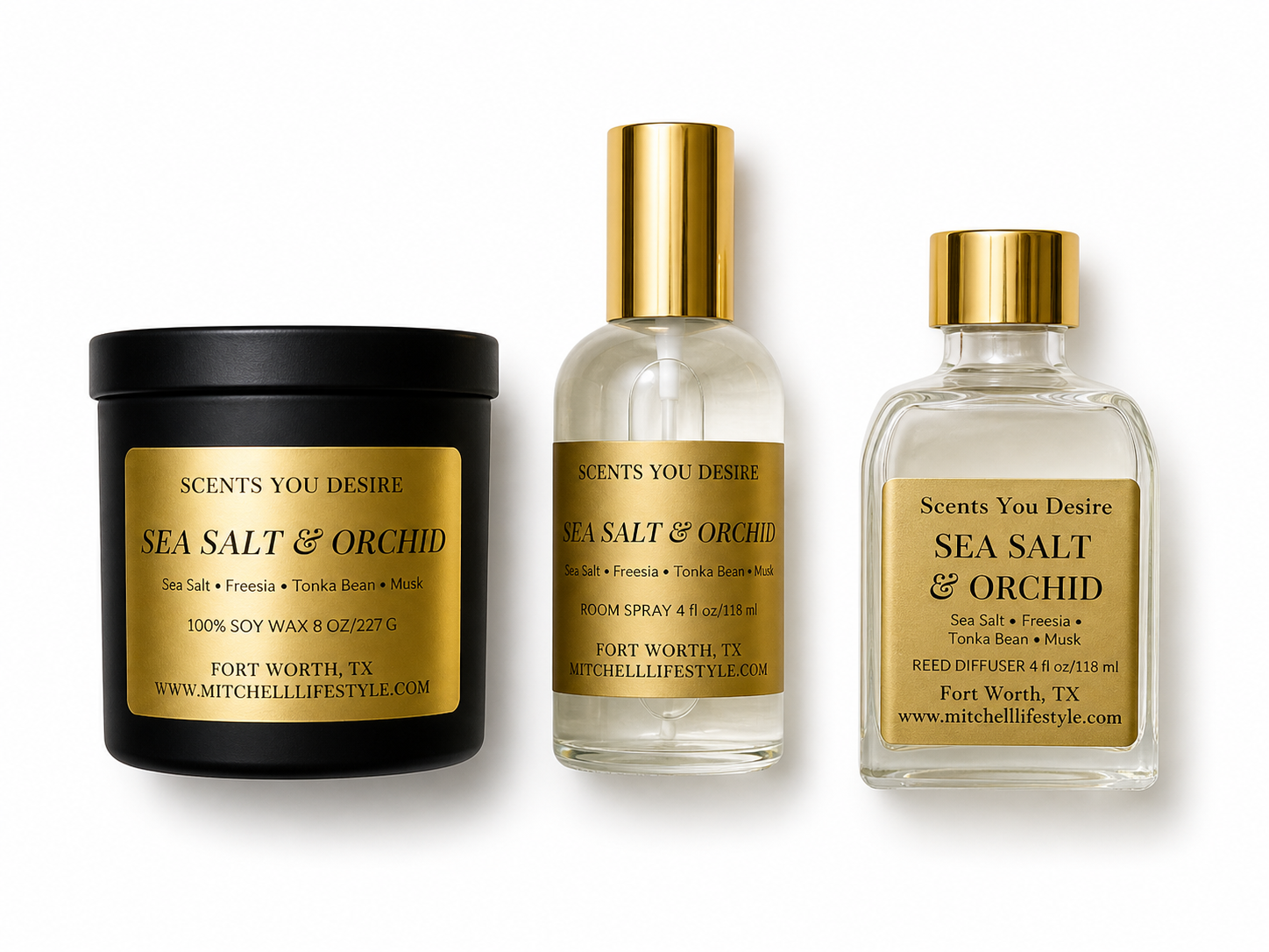 Sea Salt & Orchid Bundle — Candle, Spray & Diffuser | Mitchell Lifestyle