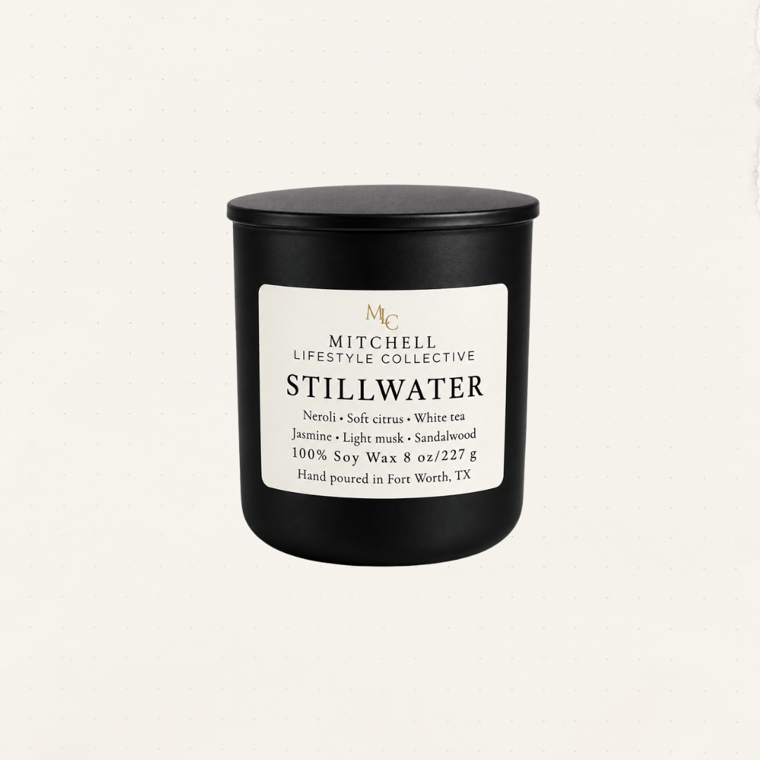 Stillwater soy candle - white tea and neroli in a black jar