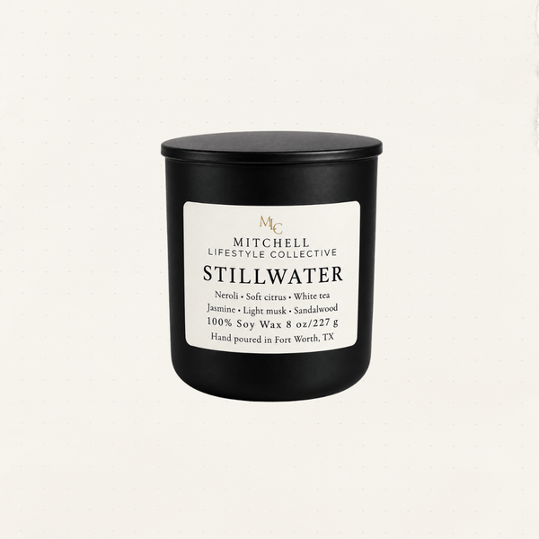Stillwater soy candle - white tea and neroli in a black jar